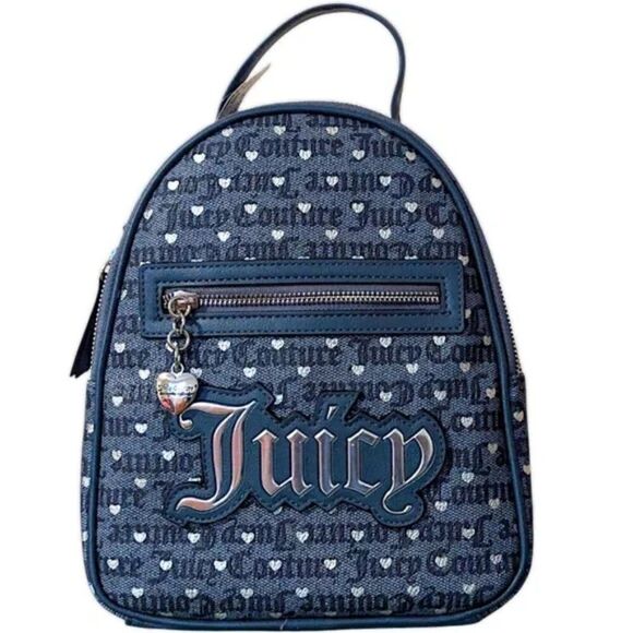 NWT New JUICY COUTURE POKERFACE DENIM & SILVER LOGO HEART BACKPACK - Picture 1 of 10